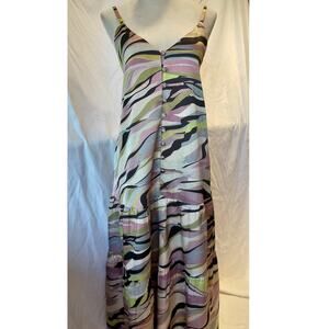 Ted Baker (4-6) Shiny camo, adjustable tank, button-up, ruffle hem maxi dress